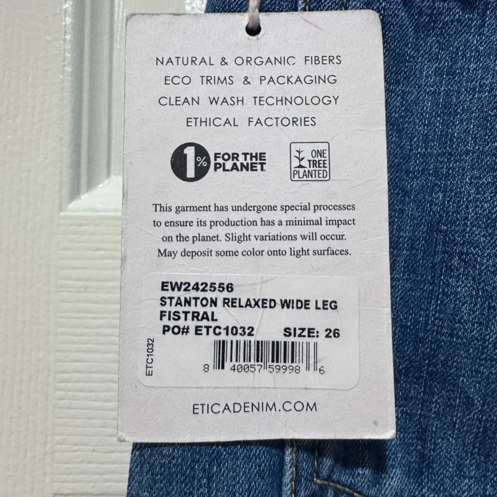 Etica Stanton Relaxed fit wide leg Denim Jeans. Size 26. Arcadia color NWT